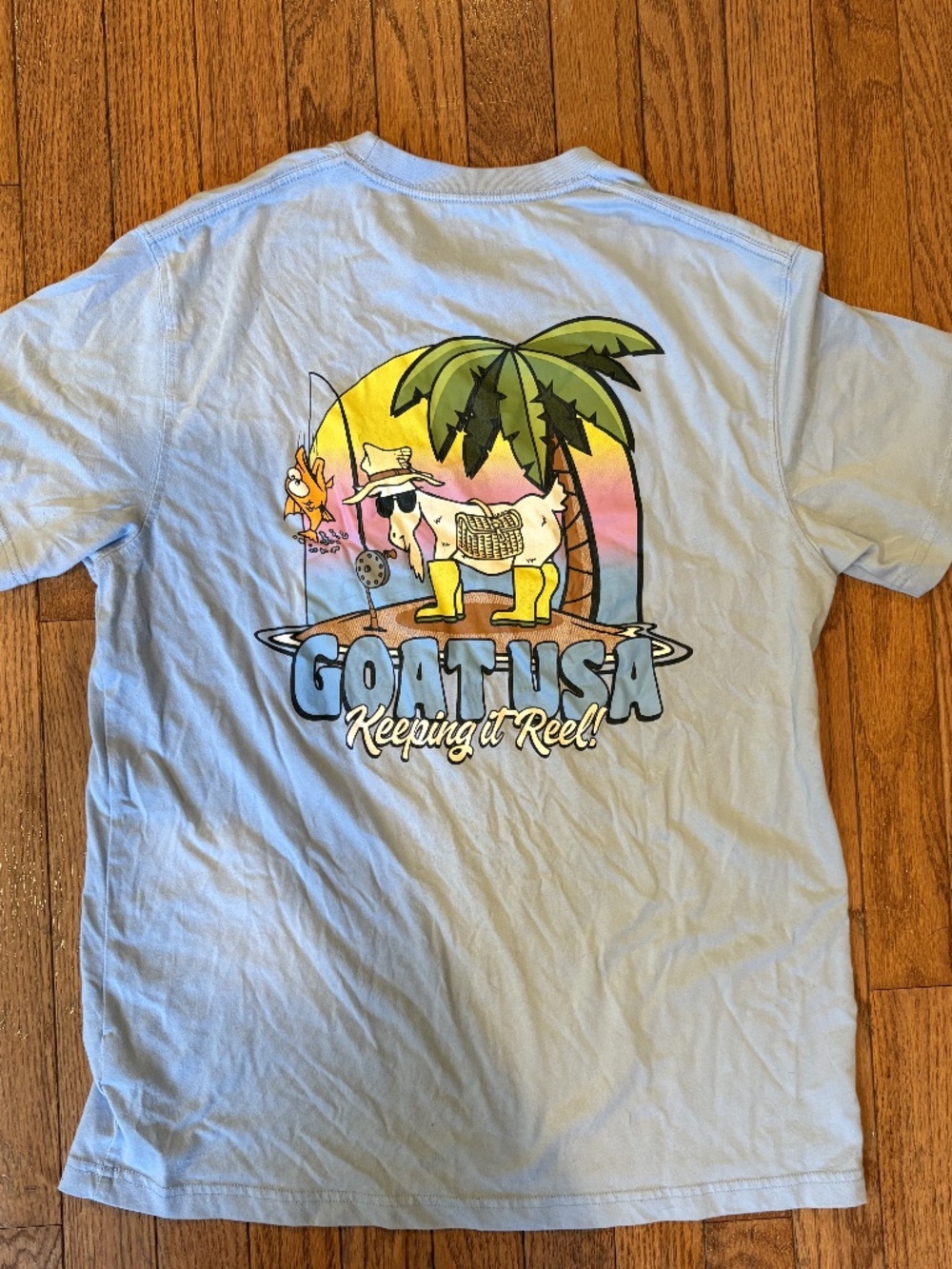 GOAT USA Light Blue Fishing Graphic Tee Keeping It Reel Sz S